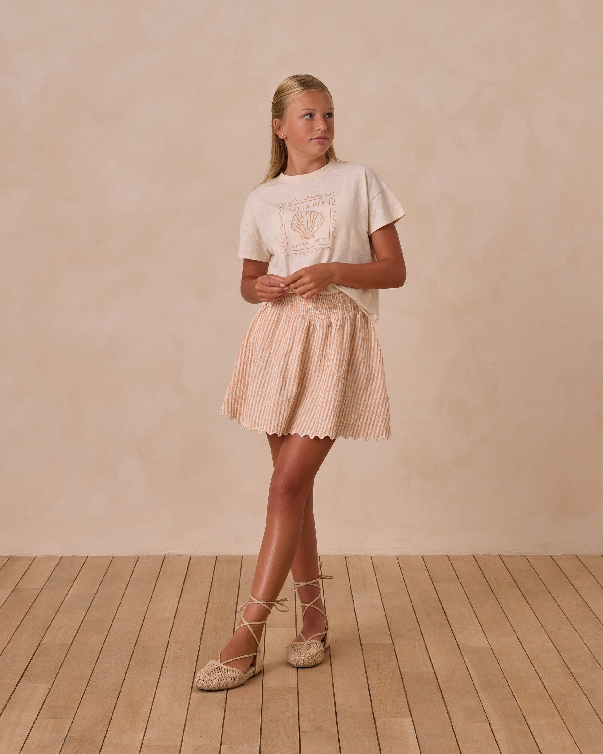 Smocked V Mini Skirt || Grapefruit Stripe